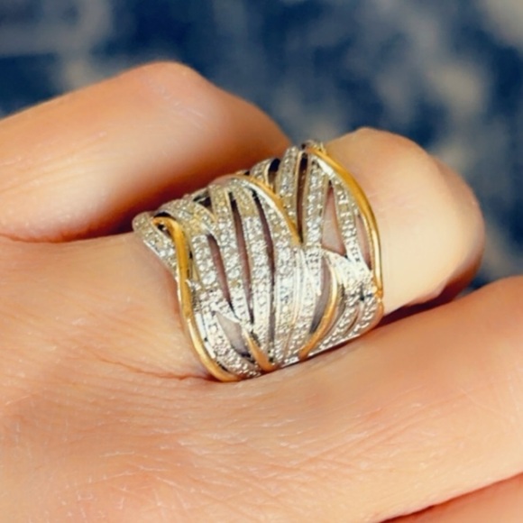 Silver Wide Band White Sapphire Gold Ring - Picture 8 of 16